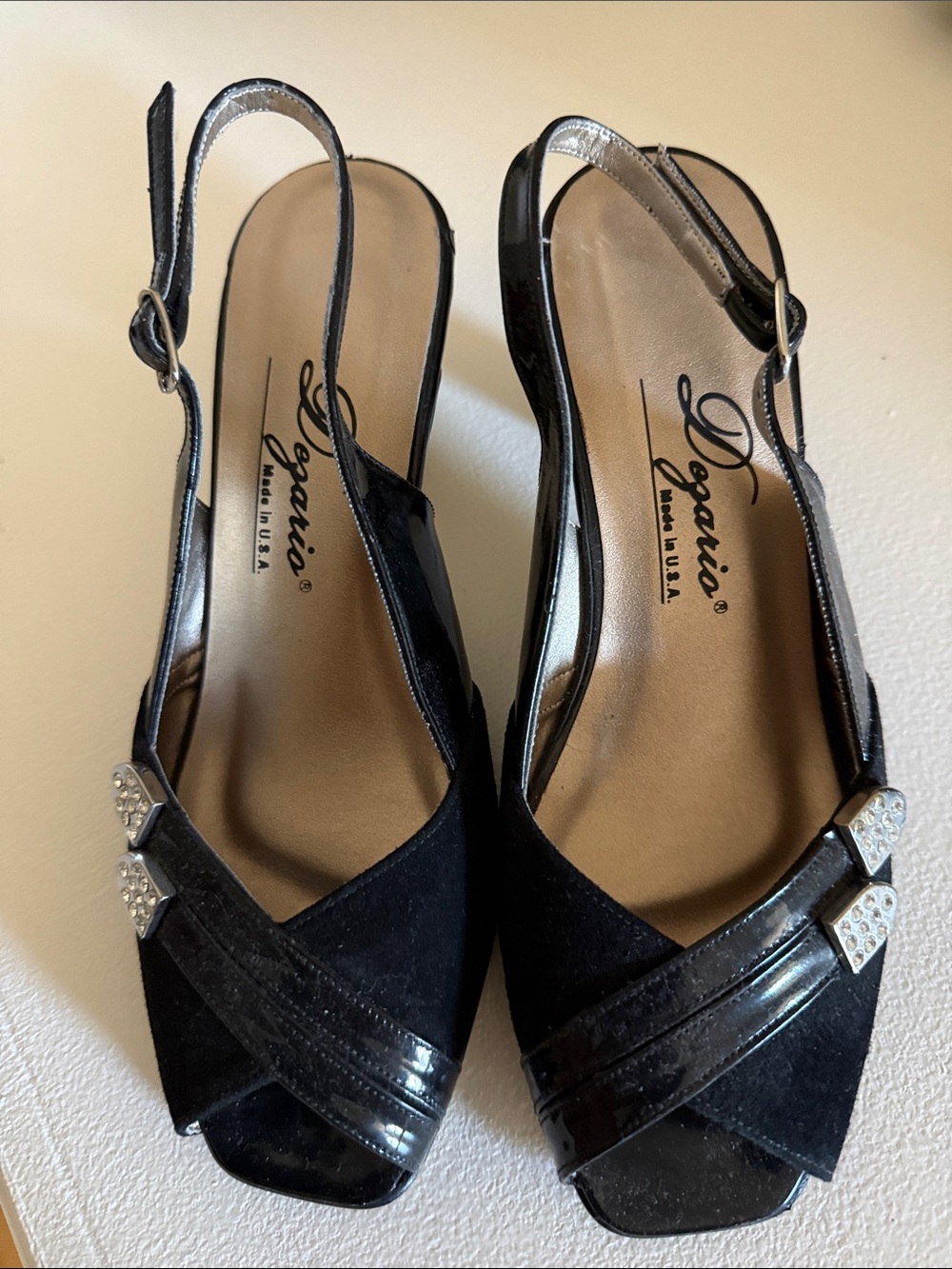 Dezario Black Slingback Peep-Toe Heels with Crystal Accent